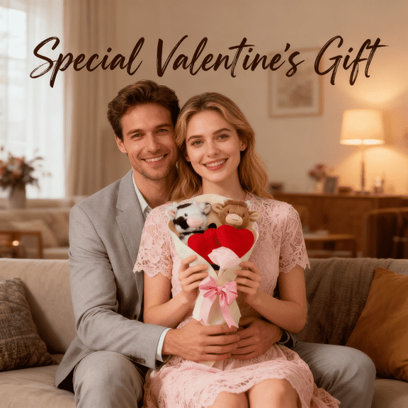 Cute 13" White Cow Heart Plush Bouquet, Highland Cow Bouquet, Great for Mother's Day, Graduation, Valentine's Day, Desk Ornament & Wedding - JASKFLY