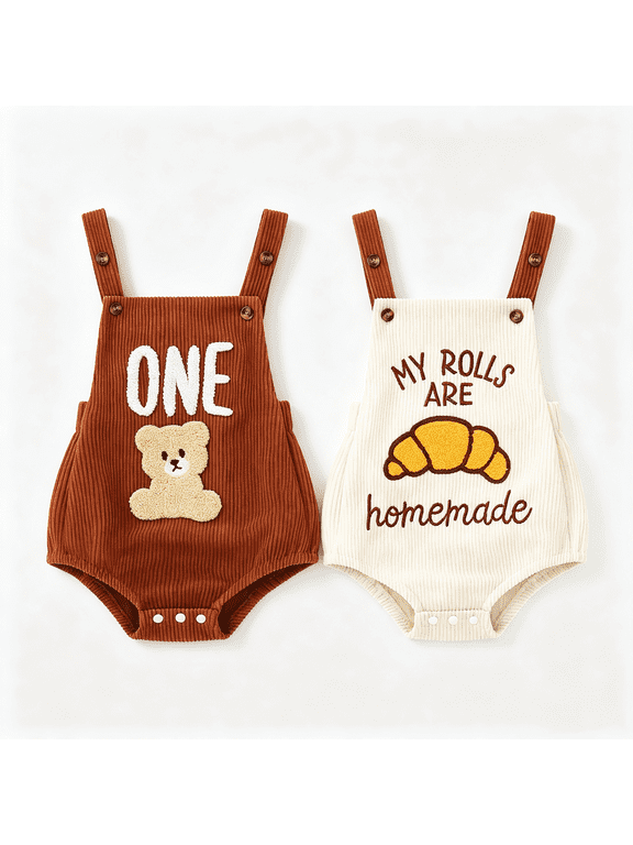Cute 2-Pack Casual Baby Suspender Romper, Pumpkin Ghost Bear Croissant Overalls,My First Halloween 1st Birthday babysuits, Sleeveless Knit Corduroy Bodysuit for Infant Baby Boys Girls 0‑24 Months