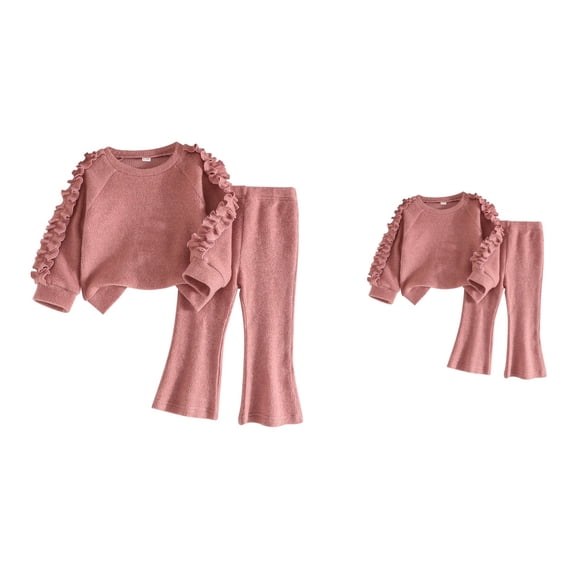 Cute 2 Piece Outfit Set, Baby Girls Ruffle Collar Long Sleeve Top with Flared Pants, Soft Comfortable Casual Spring Fall Toddler Clothes