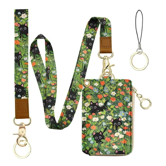 Cute 2-in-1 ID Badge Holder & Lanyard Wallet, Black Cat Floral Wallet with Removable Wristlet & Neck Lanyard, Clear Window, 5 Card Slots, 1 Side Zipper Pocket, Ring Keychain