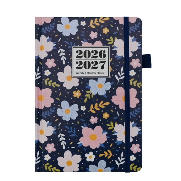 Cute 2026 2027 Weekly and Monthly Planner Hardcover Floral Patterned Organizer with Elastic Band Closure and Pen Loop for Scheduling and Note Taking Stationery Set