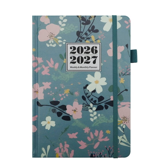 Cute 2Pack 2026 2027 Weekly and Monthly Planner Hardcover Floral Patterned Organizer with Elastic Band Closure and Pen Loop for Scheduling and Note Taking Stationery Set