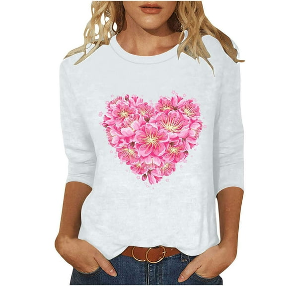 Cute 3/4 Sleeve Tops for Women Floral Heart Graphic Tshirt Plus Size Crewneck Basic Tee Tunic Shirt