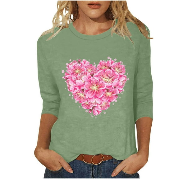 Cute 3/4 Sleeve Tops for Women Floral Heart Graphic Tshirt Plus Size Crewneck Basic Tee Tunic Shirt