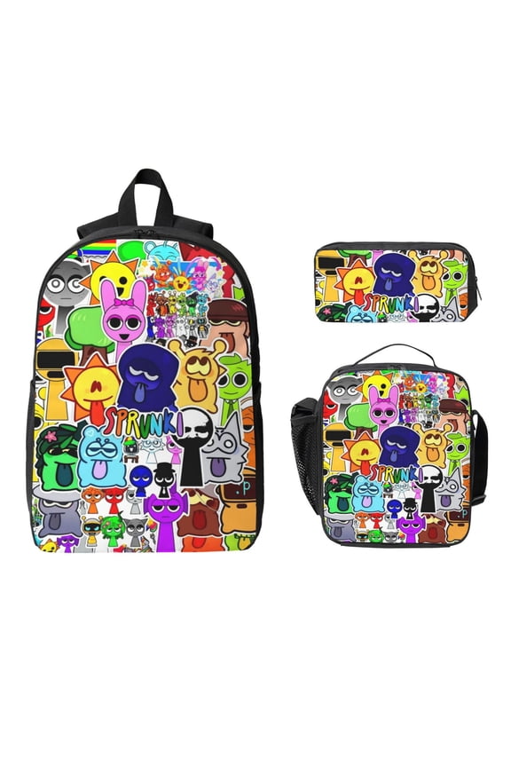 Cute 3-Piece Cartoon Backpack Set, Large Capacity 17 inch Laptop Backpack Game Cartoon Pattern Travel Daypack