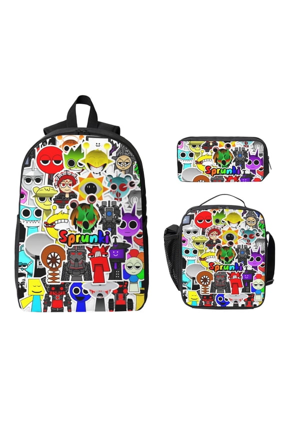 Cute 3-Piece Cartoon Backpack Set, Large Capacity 17 inch Laptop Backpack Game Cartoon Pattern Travel Daypack