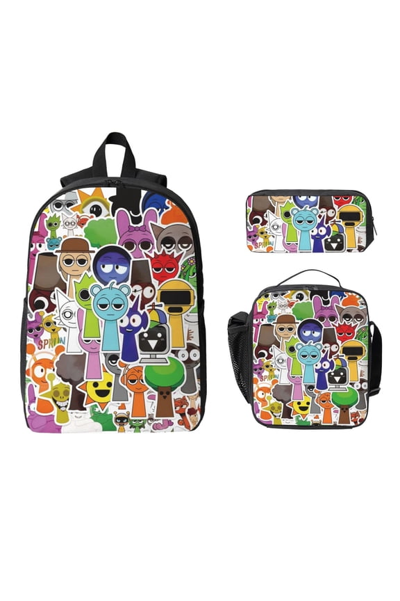 Cute 3-Pieces Cartoon Backpack Set, Large Capacity 17 inches Laptop Backpack Game Cartoon Pattern Travel Daypack