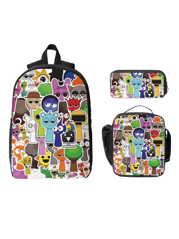 Cute 3-Pieces Cartoon Backpack Set, Large Capacity 17 inches Laptop Backpack Game Cartoon Pattern Travel Daypack