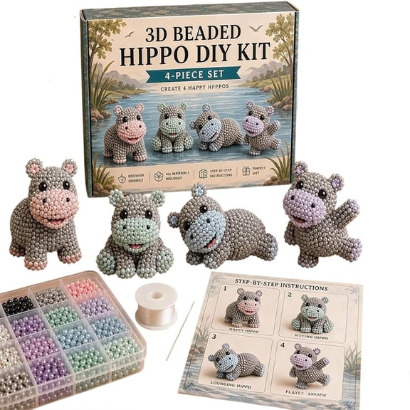 Cute 3D Animal Beaded DIY Set, Handmade Craft Kit, Stress Relief Art Supply, Exquisite Desktop Decor, Unique Handicraft Gift for Daily Use and Interior Styling, Hippo