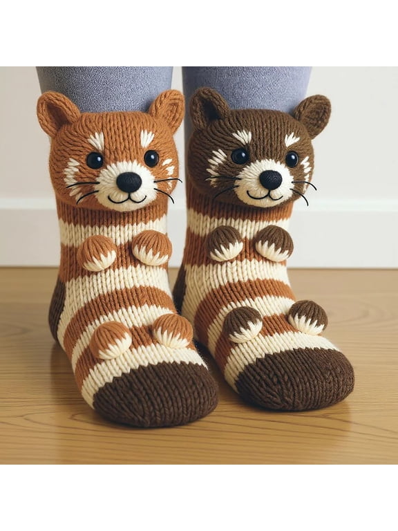 Cute 3D Animal Knitted Socks for Kids & Adults, Whimsical Raccoon Winter Socks, Warm Fall/Winter Footwear & Christmas Gift
