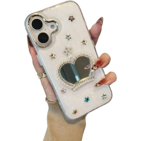 Cute 3D Bling Stars Diamond Crown Mirror Electroplate Phone Case Compatible with iPhone Case (White, for iPhone 12)