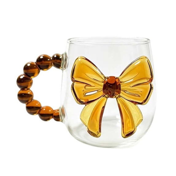 Cute 3D Bow Glass Mug, Beaded Handle Clear Coffee Cup, Water Cup for Home Decor