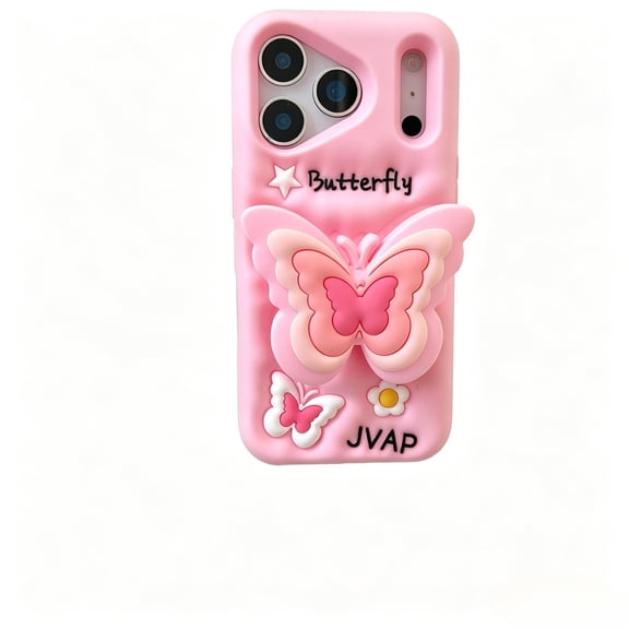 Cute 3D Butterfly Kickstand Silicone Case Compatible with iPhone 17 Pro Max, Bubble Texture Anti-Drop Girly Phone Cover with Built-in Butterfly Holder Stand