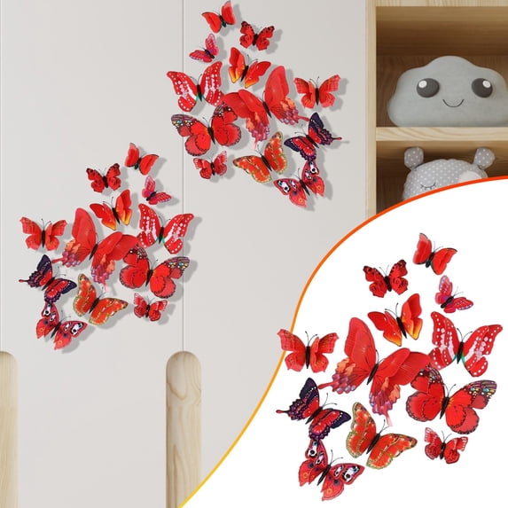 Cute 3D Butterfly Refrigerator Magnets Plastic Waterproof Magnet Decals Strong Hold for Kitchen Home Office Whiteboard Locker Decor Gift Butterfly Decorations Red 12Pcs