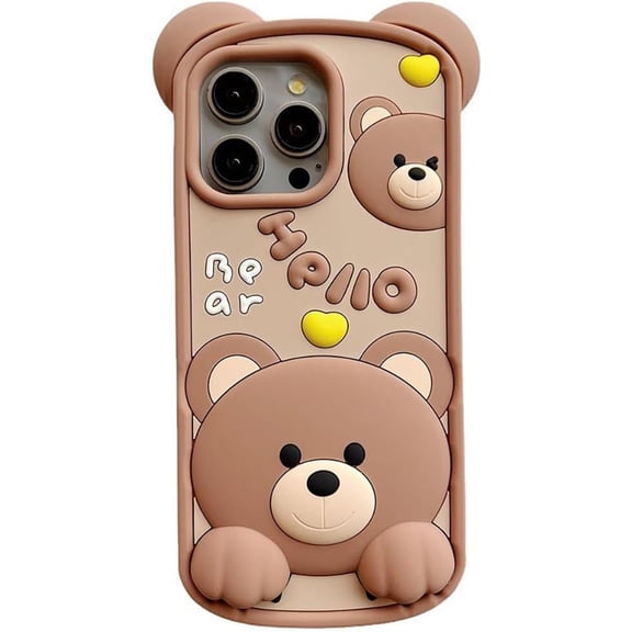 Cute 3D Cartoon Bear Love Heart Soft Phone Case Compatible with iPhone Case (Brown,iPhone 15 Pro)