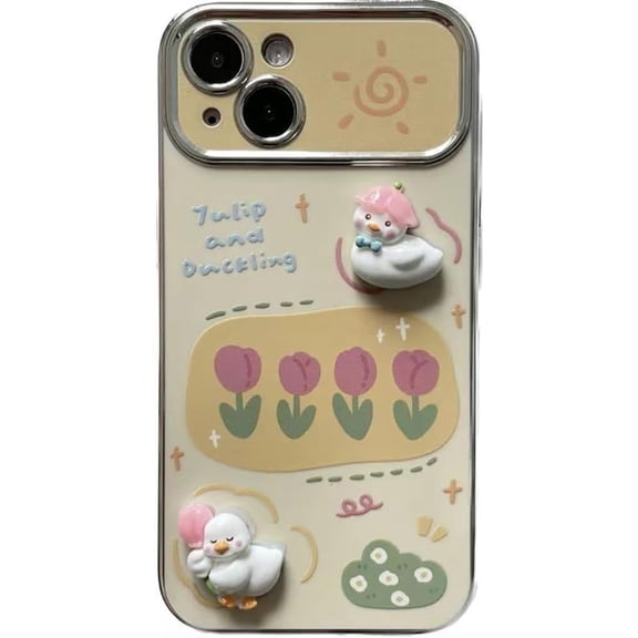 Cute 3D Cartoon Duck Tulip Flowers Large Window Camera Lens Protector Phone Case Compatible with iPhone Case (White,iPhone 15)