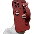 thumbnail image 1 of Cute 3D Cartoon Girl Avatar Phone Case with 3D Rotatable Flower Wristband Stand, Camera Lens Protection, Shockproof Silicone Soft Case for iPhone 13 Pro Max, Dark Red, 1 of 9