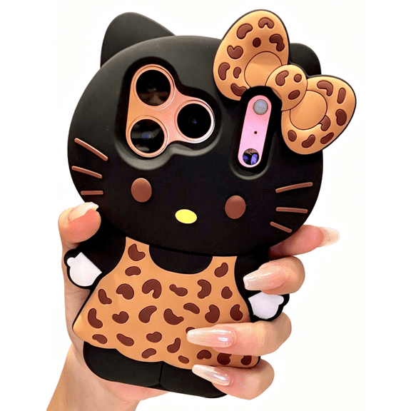 Cute 3D Cartoon Kitty Cat Phone Case for iPhone 17 Pro Max 17 Air 11 12 13 14 15 16 Plus Leopard Print Bow Soft Silicone Shockproof Cover, Kawaii Y2K Stylish Protective Case for Women Girls Kids