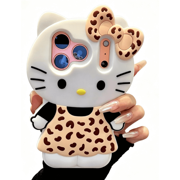 Cute 3D Cartoon Kitty Cat Phone Case for iPhone 17 Pro Max 17 Air 11 12 13 14 15 16 Plus Leopard Print Bow Soft Silicone Shockproof Cover, Kawaii Y2K Stylish Protective Case for Women Girls Kids