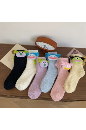 Cute 3D Cartoon Monster Fuzzy Crew Socks, Fluffy Warm Home Mid-Calf Socks, Cozy Plush Indoor Sleep Socks for Women