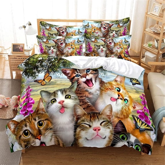 Cute 3D Cat Duvet Cover Butterfly Duvet Cover Lovely Pet Cat Bedding Set Suitable for Kids, Boys, Girls, Teen, Bedroom Dormitory Decoration, Duvet Cover 2 Pillowcases