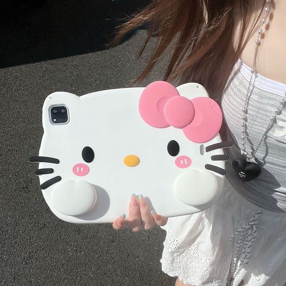 Cute 3D Cat Shaped Silicone Tablet Case, Bow Accented Shockproof Protective Cover with Stand, Soft Anti-Slip Case for iPad