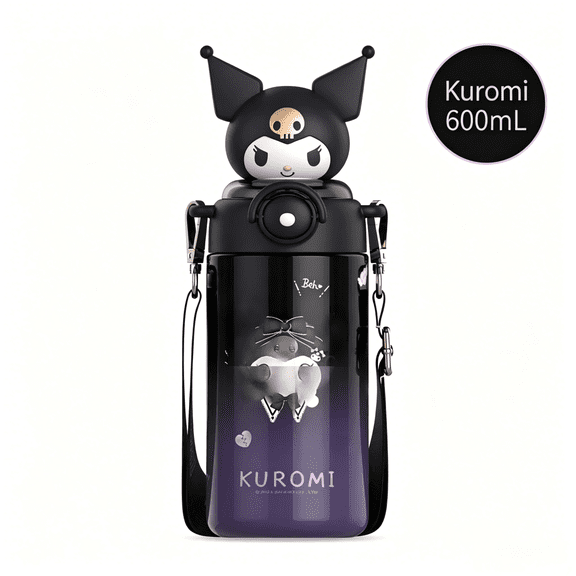 Cute 3D Character Insulated Water Bottle, 600ml Stainless Steel Tumbler with Straw, Strap & Figurine Lid