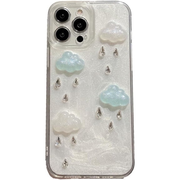 Cute 3D Crystal Raindrop Cloud Soft Phone Case Compatible with iPhone 15 Pro, White