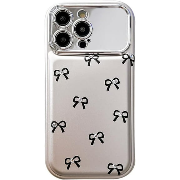 Cute 3D Diamond Bow Large Window Camera Lens Plating Mirror Protector Phone Case Compatible with iPhone Case (Silver,iPhone 13)