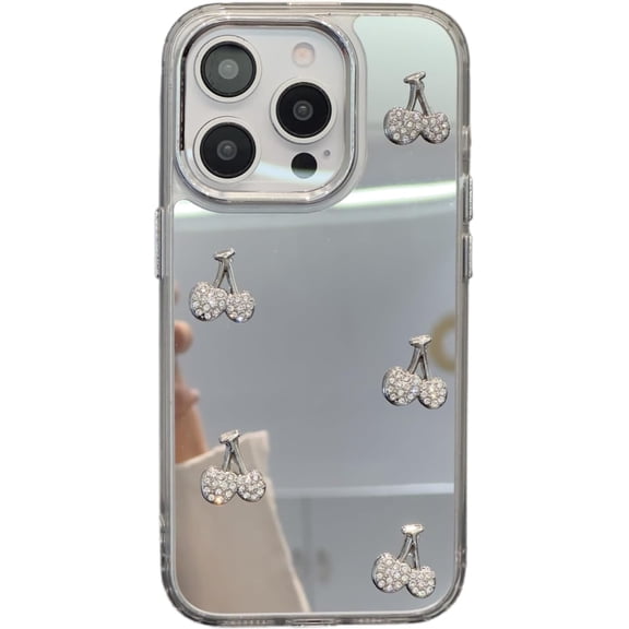 Cute 3D Diamond Cherry Mirror Electroplated Phone Case Compatible with iPhone Case (Silver, for iPhone 13)