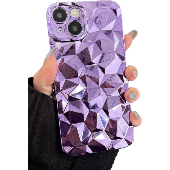 Cute 3D Diamond Texture Plating Soft Phone Case Compatible with iPhone Case (Purple,iPhone 14 Plus)