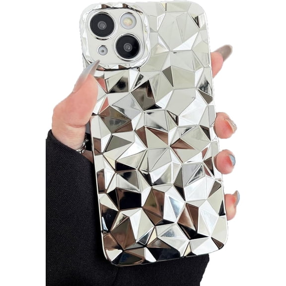 Cute 3D Diamond Texture Plating Soft Phone Case Compatible with iPhone Case (Silver,iPhone 12)
