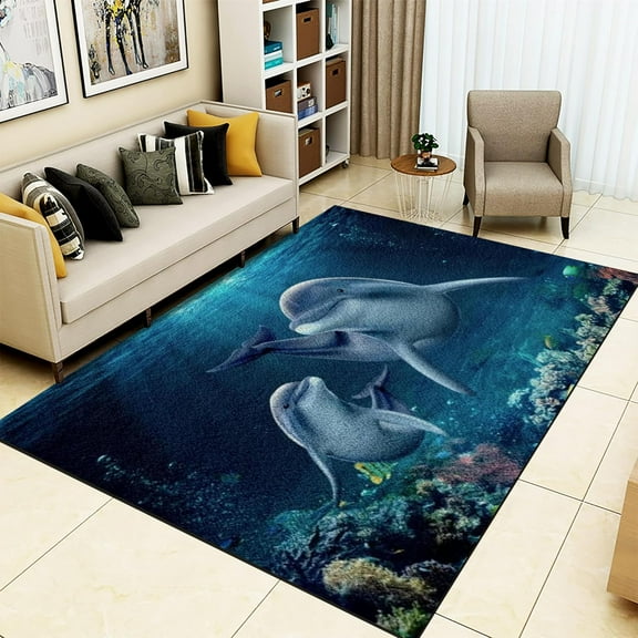 Cute 3D Dolphin Fish Area Rug, Stylish Couple Blue Ocean Animal Theme Area Rugs, Non-Shedding Washable Floor Rug, Stain Resistant Carpet For Bathroom Playroom Decor 2x3ft