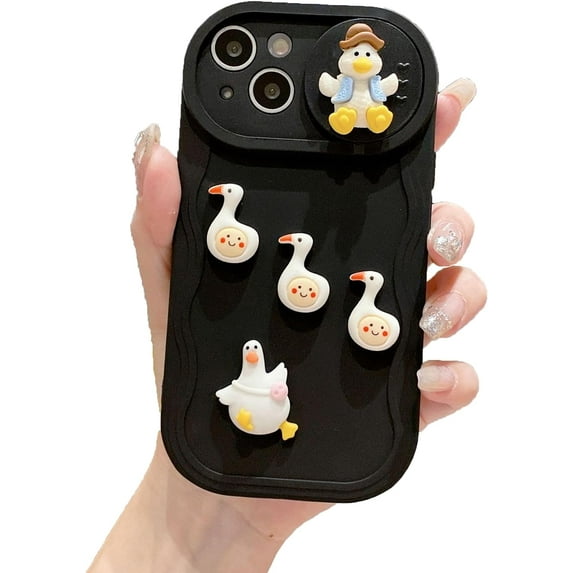 Cute 3D Duck Solid Color Wave Frame Slide Camera Lens Protector Soft for iPhone Case (Black,iPhone 11 Pro Max)