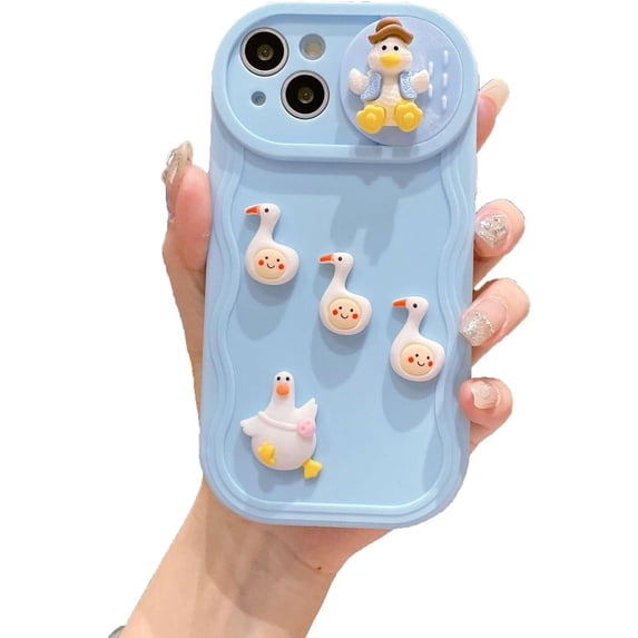 Cute 3D Duck Solid Color Wave Frame Slide Camera Lens Protector Soft  for iPhone Case (Blue,iPhone 14 Plus)