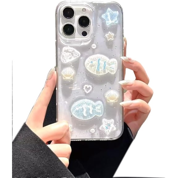 Cute 3D Fish Shell Star Compatible with iPhone Case (White,iPhone 15 Plus)