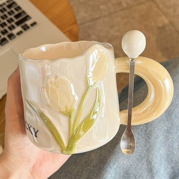 Cute 3D Flower Coffee Mug Tulip Ceramic Cup with Matching Spoon Stirer,Novelty Morning Mug,Irregular Rim,Thick Handle,Birthday Christmas Gifts for Women,Mom,Wife,Girlfriend,Sisiter