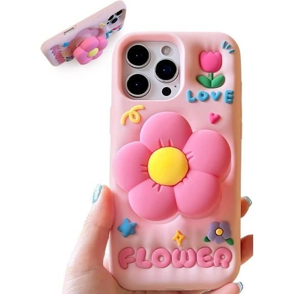Cute 3D Flower Phone Case for iPhone 14 - Retractable Stand & Grip with Floral Design - Girly Aesthetic Kawaii Soft Silicone Phone Cover for Women, Girls, Kids and Teens, Pink