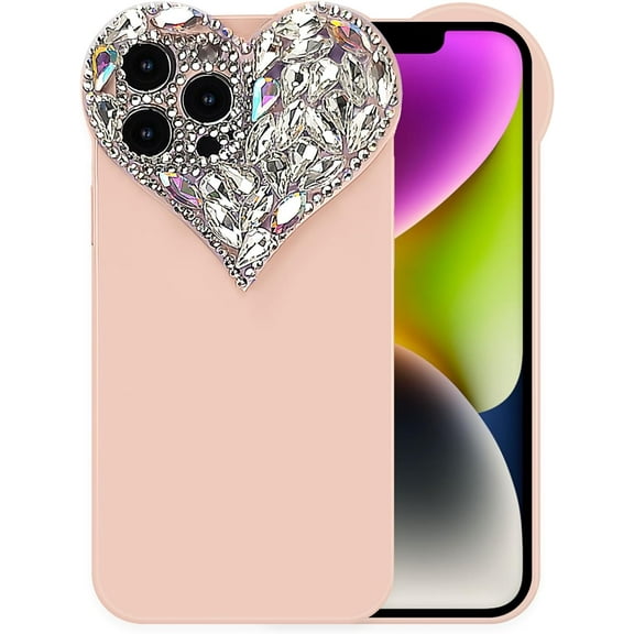 Cute 3D Glitter Case for iPhone 14 Pro, Sparkling Aesthetic Heart Gems Bling Case, Pretty shine Colorful Diamond Soft TPU Bumper Case for Women Girl-iPhone 14 Pro, Pink
