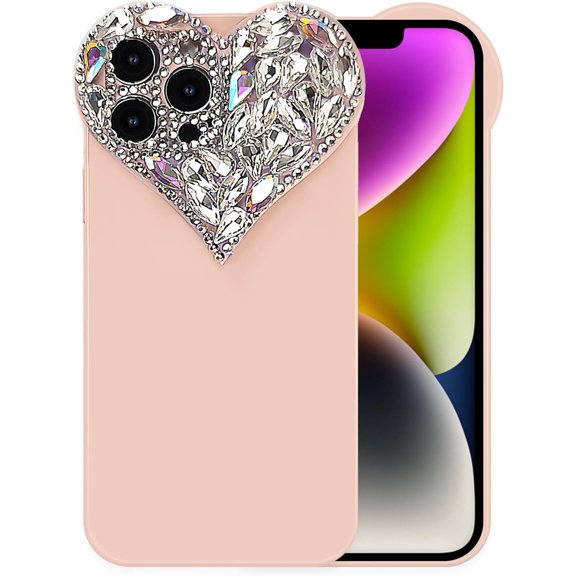 Cute 3D Glitter Case for iPhone 14, Sparkling Aesthetic Heart Gems Bling Case, Pretty shine Colorful Diamond Soft TPU Bumper Case for Women Girl-iPhone 14, Pink