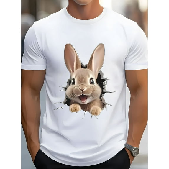 Cute 3D Graphic Bunny T Shirt Men's Cotton Tops, Sale Classic Graphic White T-Shirt White S