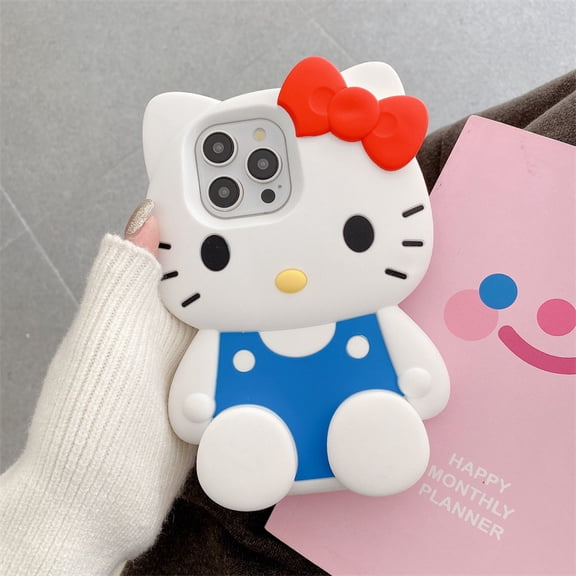 Cute 3D Hello Kitty Bow Leg Stand Case for iPhone 16 15 14 13 12 Pro Max iPhone 11 Cartoon Shockproof Silicone Holder Back Cover