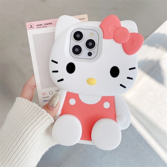 Cute 3D Hello Kitty Bow Leg Stand Case for iPhone 16 15 14 13 12 Pro Max iPhone 11 Cartoon Shockproof Silicone Holder Back Cover