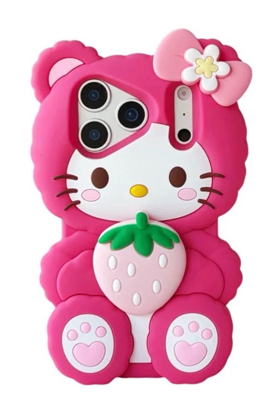 Cute 3D Kitty Phone Case, Cartoon Silicone Protective Cover for iPhone 17 Pro Max 16 Plus 13 14 15 Plus 16 Pro Max, Kawaii Pink Strawberry Flower Bow Design for Women Girls