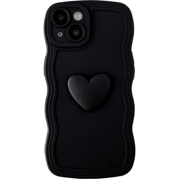 Cute 3D Love Heart Curly Wave Frame Soft Compatible with iPhone Case (Black,iPhone 14)