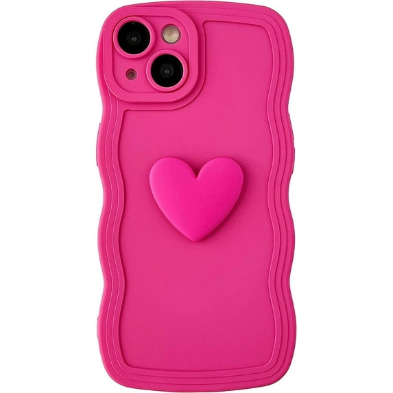 Cute 3D Love Heart Curly Wave Frame Soft Compatible with iPhone Case (Red,iPhone 14)