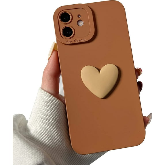 Cute 3D Love Heart Phone Case for iPhone 11 6.1 inch with Anti-Fall Lens Cameras Cover Protection Slim Dustproof Protective Cover Aesthetic Design for Women Girls, Brown