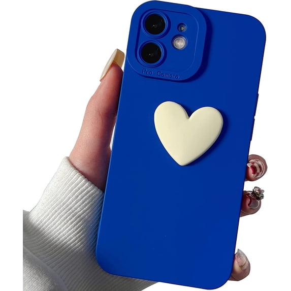 Cute 3D Love Heart Phone Case for iPhone 12 6.1 inch with Anti-Fall Lens Cameras Cover Protection Slim Dustproof Protective Cover Aesthetic Design for Women Girls,Blue