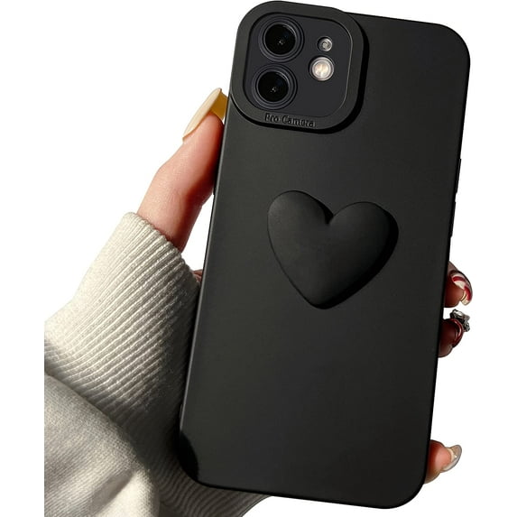 Cute 3D Love Heart Phone Case for iPhone 12 6.1 inch with Anti-Fall Lens Cameras Cover Protection Slim Dustproof Protective Cover Aesthetic Design for Women Girls,Black