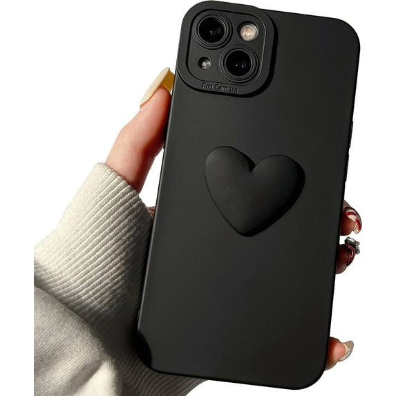 Cute 3D Love Heart Phone Case for iPhone 13 6.1 inch with Anti-Fall Lens Cameras Cover Protection Slim Dustproof Protective Cover Aesthetic Design for Women Girls, Black